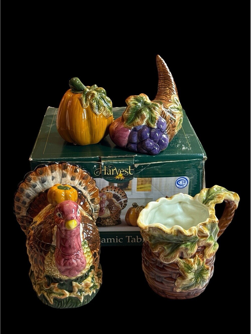 Harvest Turkey Ceramic 4 Pc Thanksgiving Table Set Creamer Sugar Salt Pepper